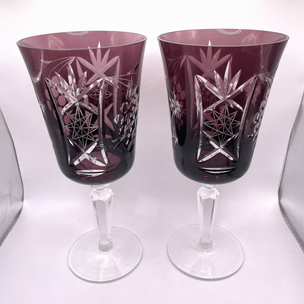 VTG Ajka Marsala Purple Cut To Clear Crystal Iced Tea Water Wine‎ Goblet 8" Tall